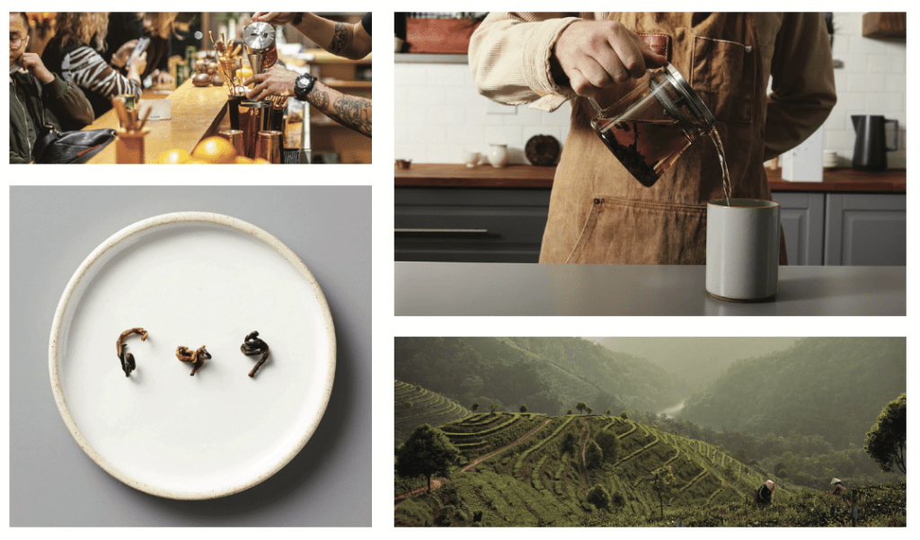 A collage of photos featuring loose tea, tea in cups, tea pouring, and a tea farm.