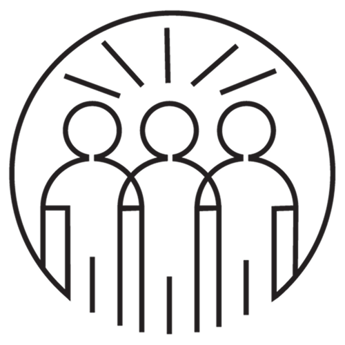 A line icon featuring a group of people with line bursts above their heads